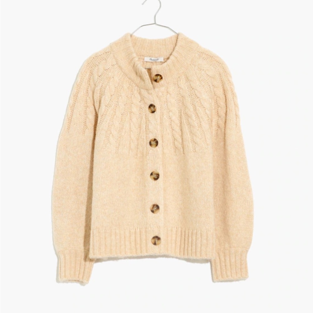 Madewell Cable-knit Cardigan Women Small Beige Excellent Wool Blend Mock Neck